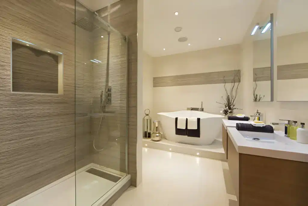 Custom shower and vanity installation through Kitchen and bathroom remodeling in Bedford