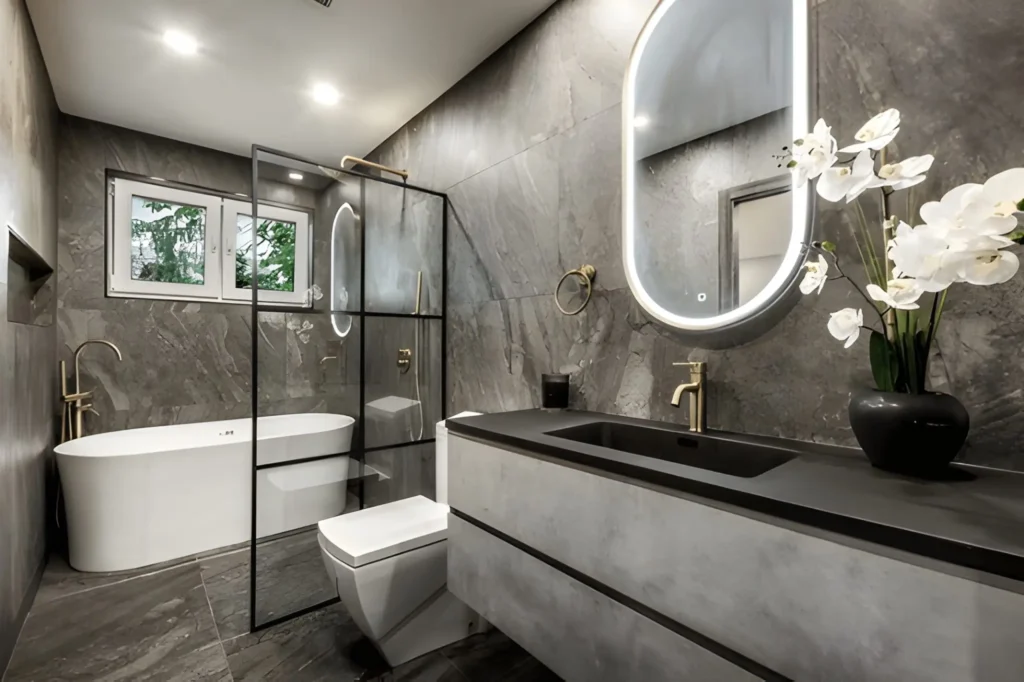 Kitchen and bathroom remodeling in Trophy Club luxury bathroom with walk-in shower, glass enclosure, and premium tile finishes